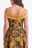 Yellow Flower A-Line Off The Shoulder Jacquard Midi Formal Dress
