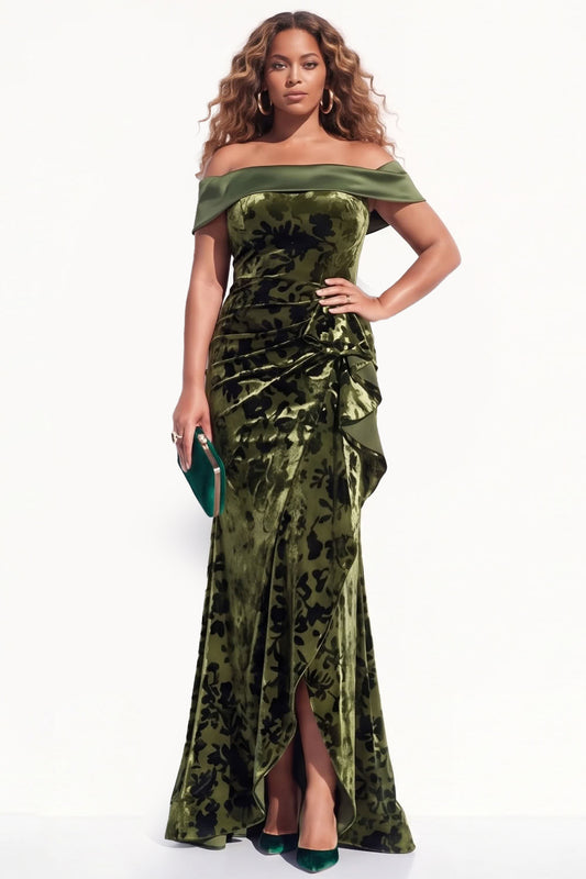 Olive Floral Mermaid Ruched Long Velvet Holiday Dress with Slit