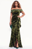 Olive Floral Mermaid Ruched Long Velvet Holiday Dress with Slit
