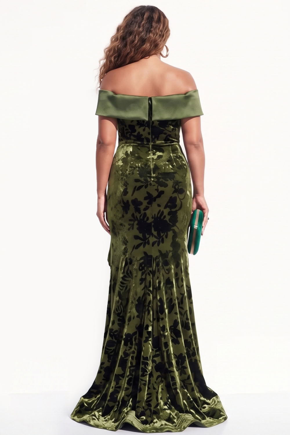 Olive Floral Mermaid Ruched Long Velvet Holiday Dress with Slit