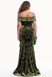 Olive Floral Mermaid Ruched Long Velvet Holiday Dress with Slit