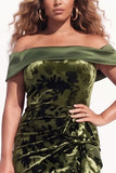 Olive Floral Mermaid Ruched Long Velvet Holiday Dress with Slit