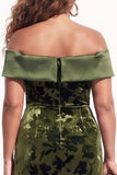 Olive Floral Mermaid Ruched Long Velvet Holiday Dress with Slit