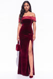 Burgundy Mermaid Off the Shoulder Long Velvet Holiday Dress with Slit