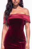 Burgundy Mermaid Off the Shoulder Long Velvet Holiday Dress with Slit