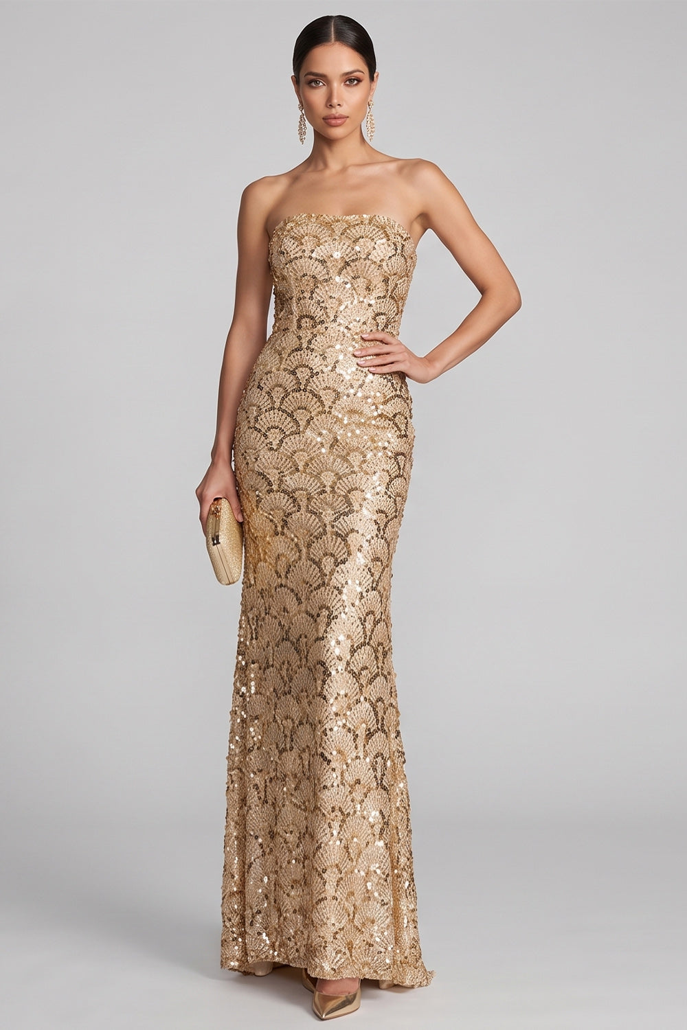 Sparkly Golden Sequins Strapless Mermaid Floral Long Evening Dress