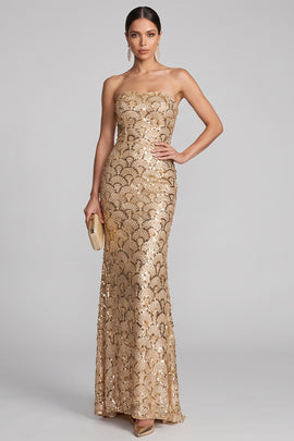 Sparkly Golden Sequins Strapless Mermaid Floral Long Evening Dress