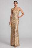 Sparkly Golden Sequins Strapless Mermaid Floral Long Evening Dress