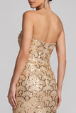 Sparkly Golden Sequins Strapless Mermaid Floral Long Evening Dress