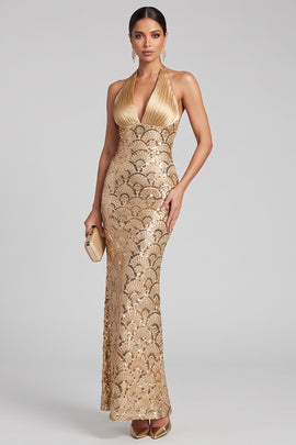 Sparkly Golden Mermaid Halter Sequins Ruched Long Evening Dress with Bow