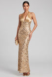 Sparkly Golden Mermaid Halter Sequins Ruched Long Evening Dress with Bow