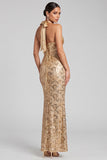 Sparkly Golden Mermaid Halter Sequins Ruched Long Evening Dress with Bow