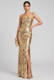 Sparkly Golden Mermaid Square Neck Sequins Floral Long Evening Dress with Slit