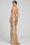 Sparkly Golden Mermaid Square Neck Sequins Floral Long Evening Dress with Slit