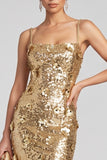 Sparkly Golden Mermaid Square Neck Sequins Floral Long Evening Dress with Slit