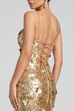 Sparkly Golden Mermaid Square Neck Sequins Floral Long Evening Dress with Slit
