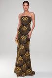 Sparkly Black Golden Sequins Mermaid Strapless Floral Long Evening Dress