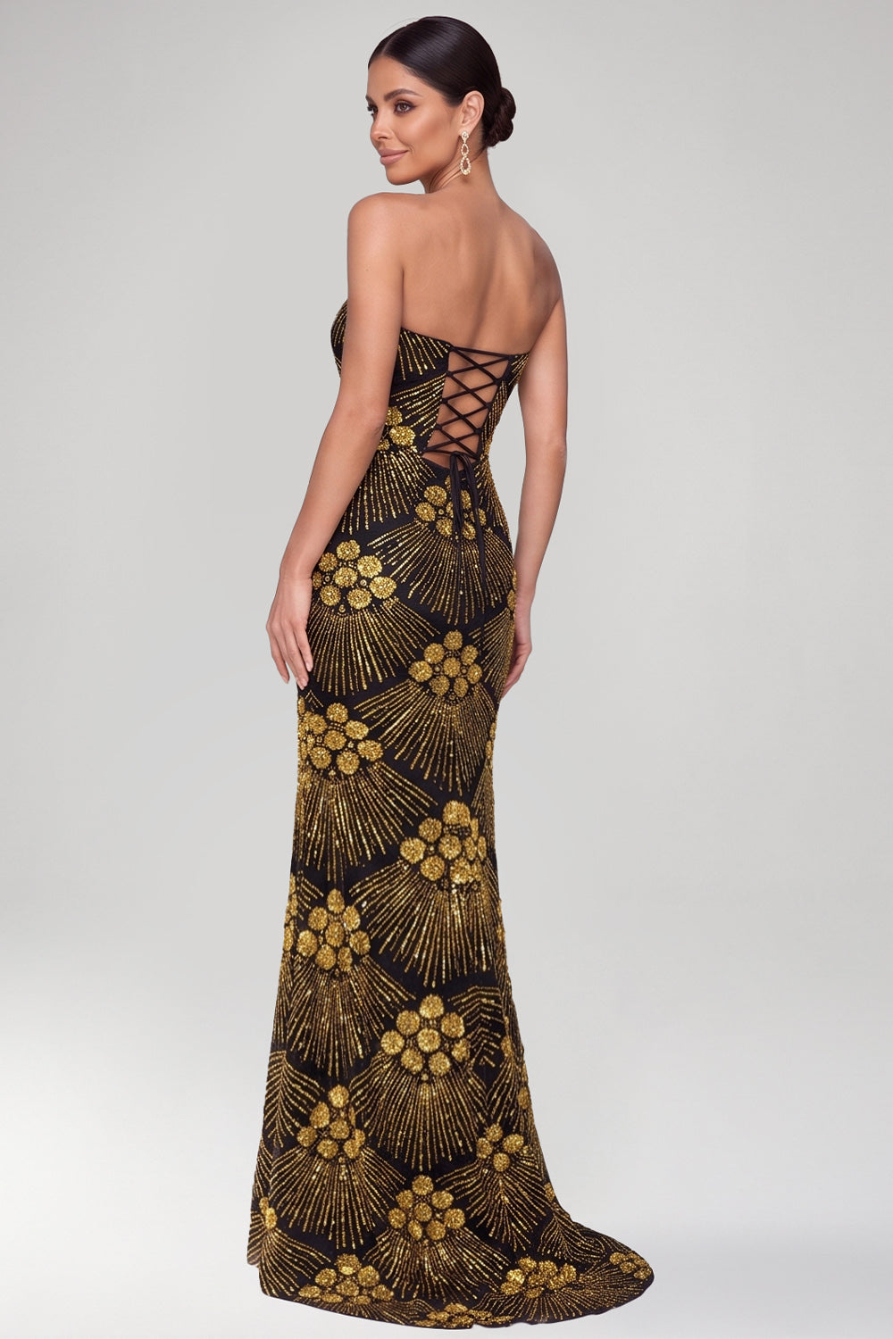 Sparkly Black Golden Sequins Mermaid Strapless Floral Long Evening Dress