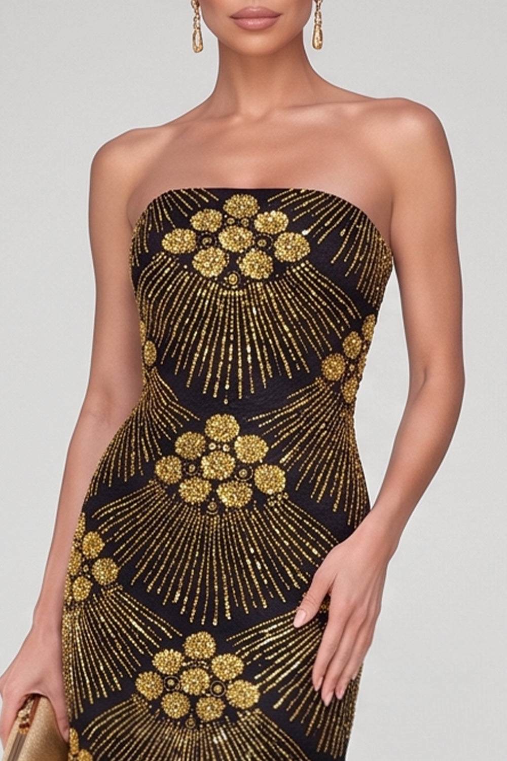 Sparkly Black Golden Sequins Mermaid Strapless Floral Long Evening Dress