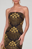 Sparkly Black Golden Sequins Mermaid Strapless Floral Long Evening Dress