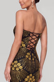 Sparkly Black Golden Sequins Mermaid Strapless Floral Long Evening Dress