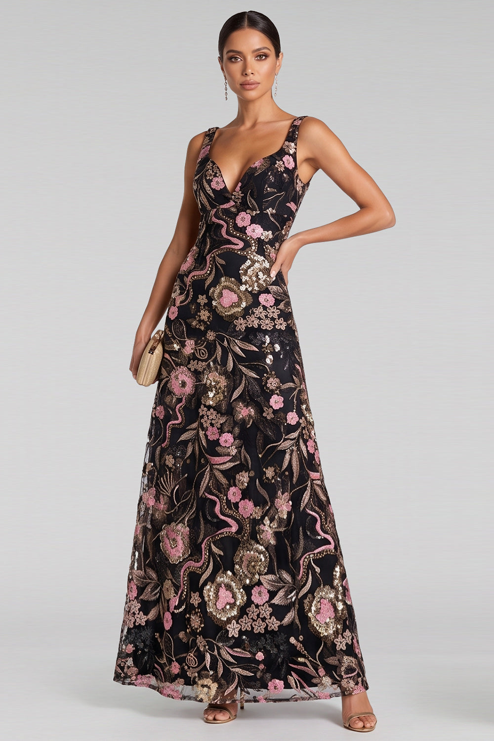 Sparkly Black Pink A-Line Floral Sequins Long Evening Dress