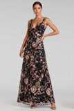 Sparkly Black Pink A-Line Floral Sequins Long Evening Dress