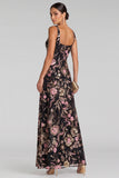 Sparkly Black Pink A-Line Floral Sequins Long Evening Dress