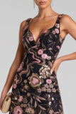 Sparkly Black Pink A-Line Floral Sequins Long Evening Dress
