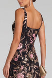 Sparkly Black Pink A-Line Floral Sequins Long Evening Dress