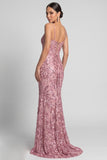 Sparkly Pink Mermaid Spaghetti Straps Floral Sequins Long Evening Dress
