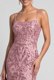 Sparkly Pink Mermaid Spaghetti Straps Floral Sequins Long Evening Dress