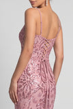 Sparkly Pink Mermaid Spaghetti Straps Floral Sequins Long Evening Dress