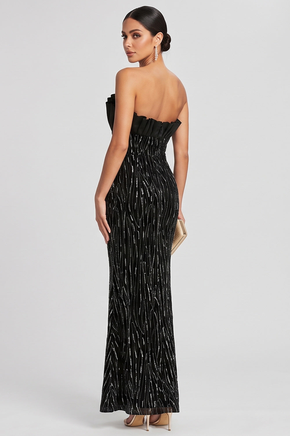 Sparkly Black Mermaid Ruched Strapless Long Evening Dress