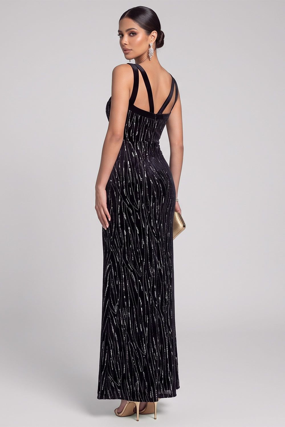 Sparkly Black Mermaid V-Neck Long Evening Dress