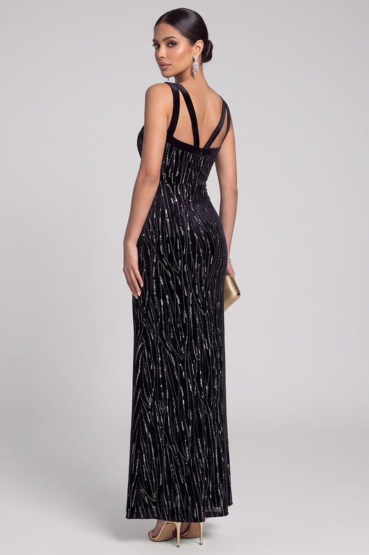 Sparkly Black Mermaid V-Neck Long Evening Dress