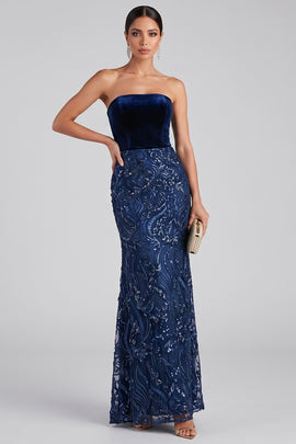 Sparkly Navy Strapless Floral Mermaid Velvet Sequins Long Evening Dress