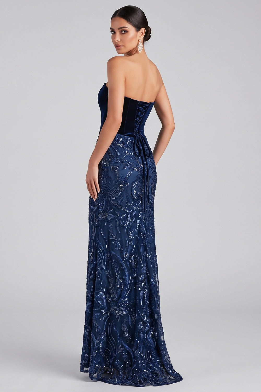 Sparkly Navy Strapless Floral Mermaid Velvet Sequins Long Evening Dress