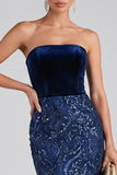 Sparkly Navy Strapless Floral Mermaid Velvet Sequins Long Evening Dress