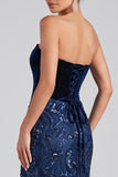Sparkly Navy Strapless Floral Mermaid Velvet Sequins Long Evening Dress