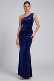Navy Glitter One Shoulder Ruched Mermaid Long Velvet Evening Dress