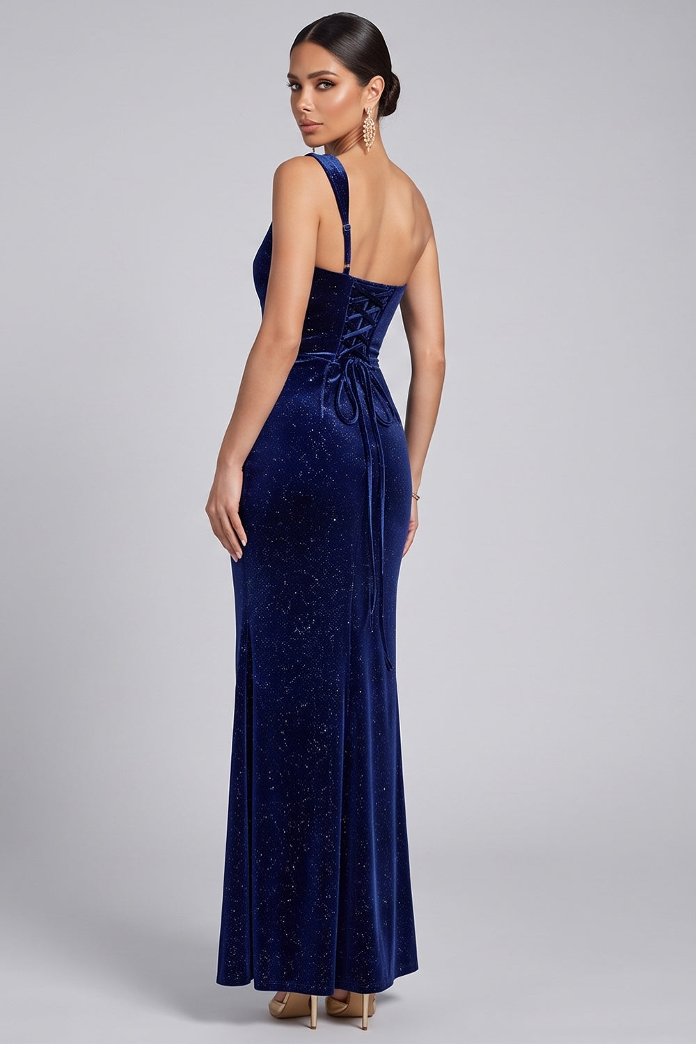 Navy Glitter One Shoulder Ruched Mermaid Long Velvet Evening Dress