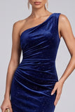 Navy Glitter One Shoulder Ruched Mermaid Long Velvet Evening Dress
