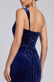 Navy Glitter One Shoulder Ruched Mermaid Long Velvet Evening Dress