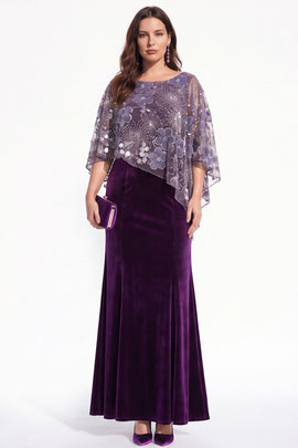 Purple Mermaid Boat Neck Long Floral Velvet Mother of the Bride Dress with Cape