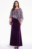 Purple Mermaid Boat Neck Long Floral Velvet Mother of the Bride Dress with Cape