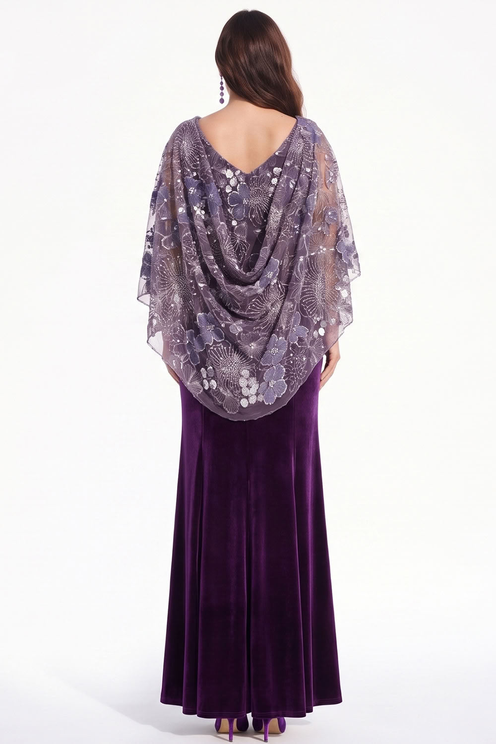 Purple Mermaid Boat Neck Long Floral Velvet Mother of the Bride Dress with Cape