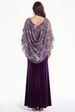 Purple Mermaid Boat Neck Long Floral Velvet Mother of the Bride Dress with Cape