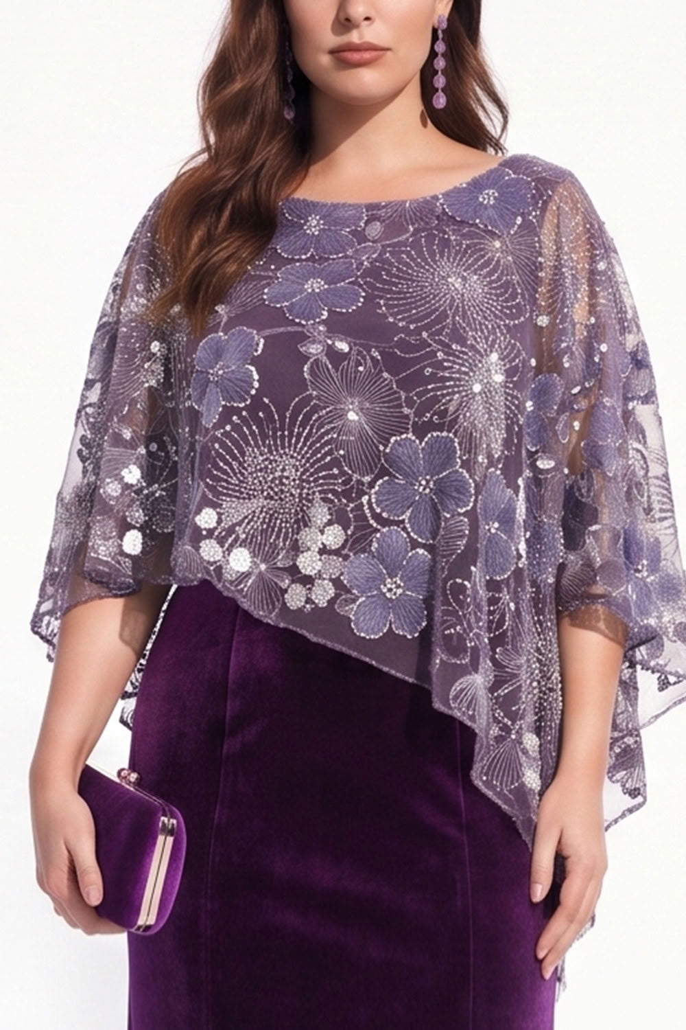 Purple Mermaid Boat Neck Long Floral Velvet Mother of the Bride Dress with Cape