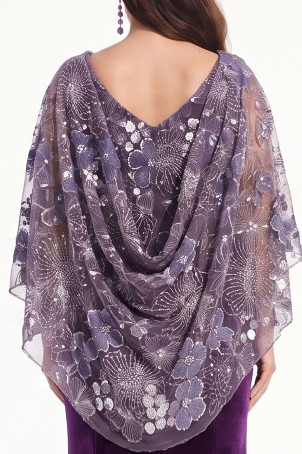 Purple Mermaid Boat Neck Long Floral Velvet Mother of the Bride Dress with Cape